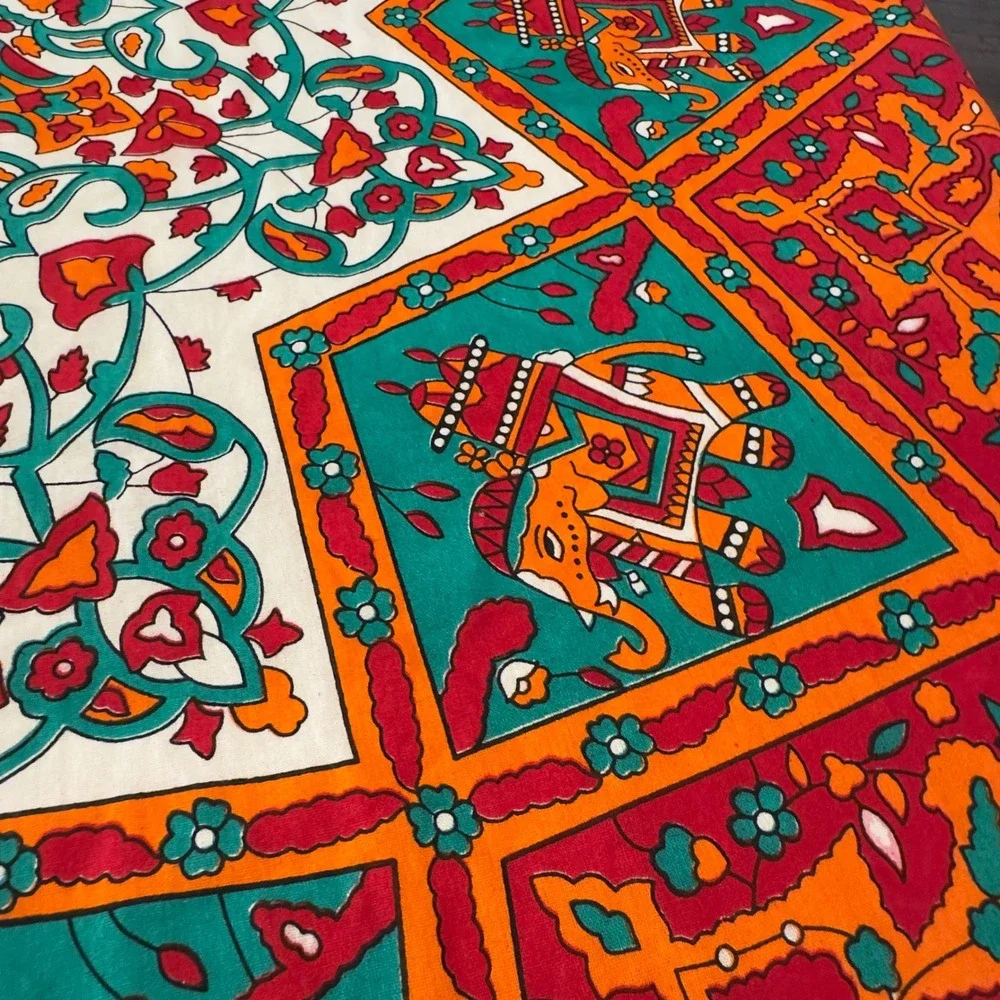 Indian Mandala Tapestry Orange Teal Elephant Paisley Vintage 82x92 Oblong Decor